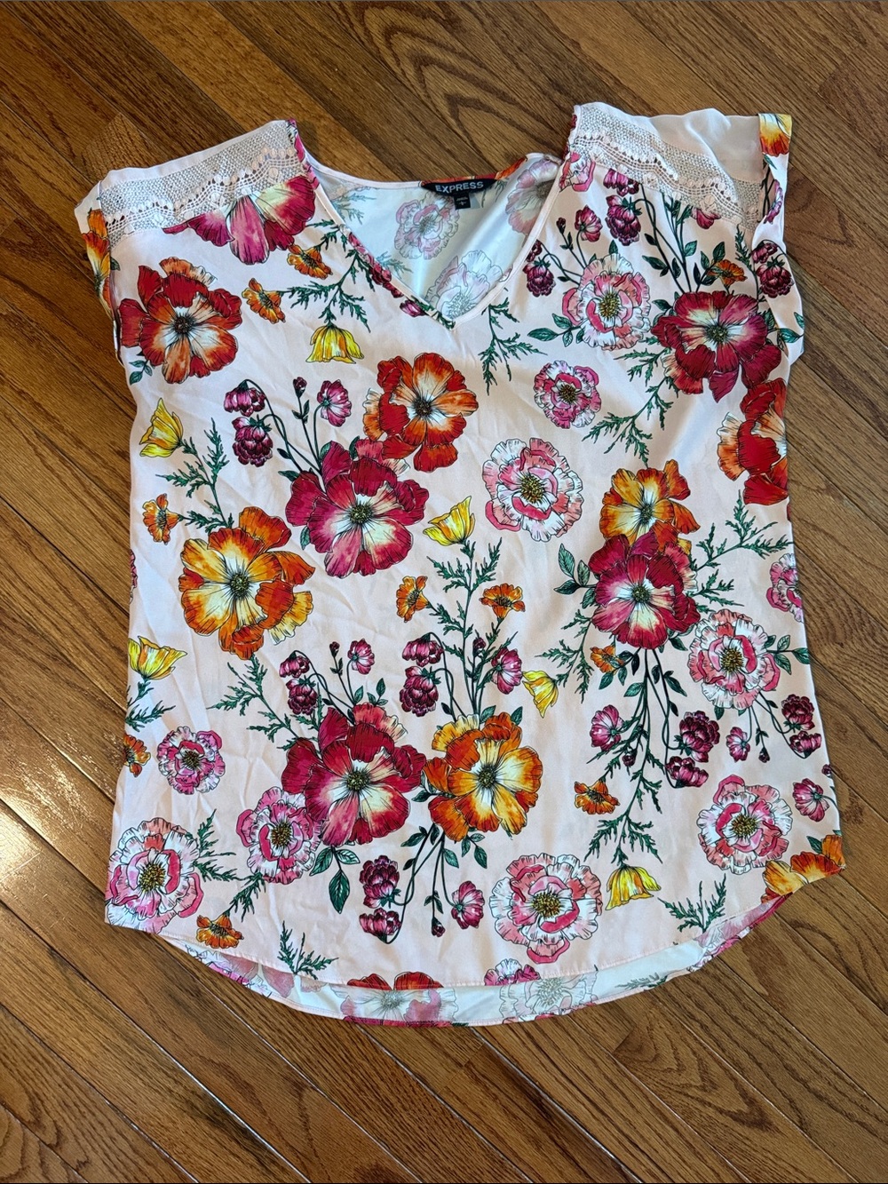 Express White Floral V-Neck Cap Sleeve Blouse with Red, Pink & Yellow Flowers